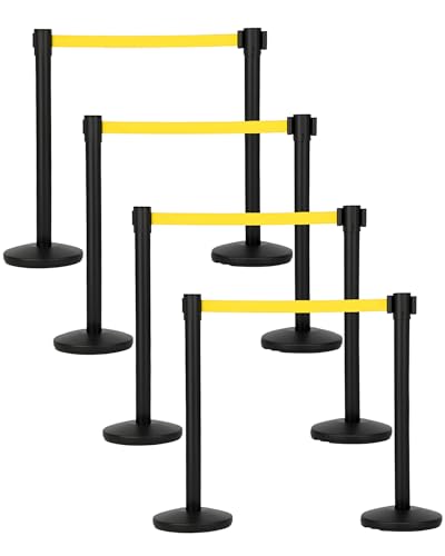 8-Pack Crowd Control Barrier, Metal Stanchion Posts with 6.6ft / 2m Retractable Belts & Metal Base, Commercial Line Dividers for Stores, Airport Lines and Event Entry (Yellow Rope) - size: 8-Pack