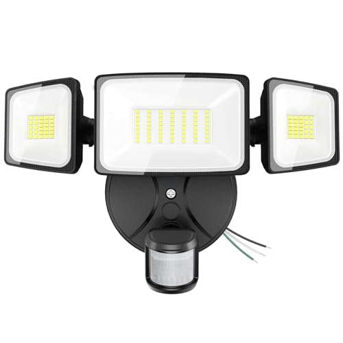 Onforu 75W LED Flood Light Motion Sensor Outdoor, 7000lm Dusk to Dawn Flood Light, Security Light with Three Head, IP65 Waterproof Exterior Floodlight, 6500k Wall Light for Entryway Stairs Yard Garage - color: Black