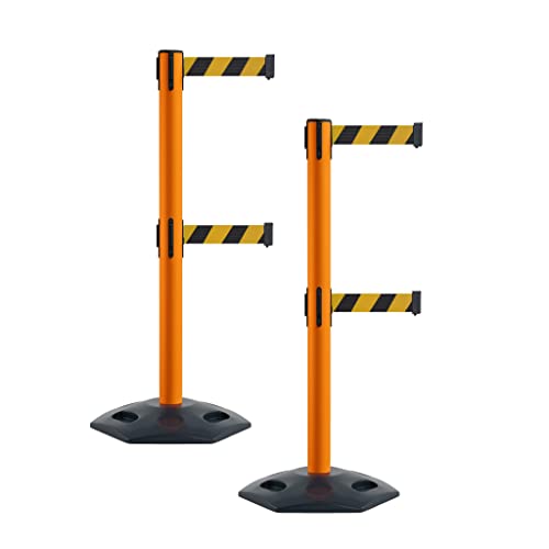 Montour Line MSR630D Set of 2 Retractable Belt Barrier Stanchion, Heavy-Duty Rubber Base, Orange Post (7.5 ft Black and Yellow Diagonal Dual Belt) - color: Black and Yellow Diagonal, size: 7.5 ft