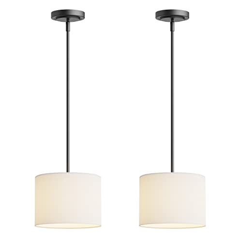 Electro bp;9" Dia White Linen Drum Shade Hanging Pendant Light Fixture with Black Pole Kit,E26,Hardwired,2-Pack; - color: Black 2-Pack Pendant