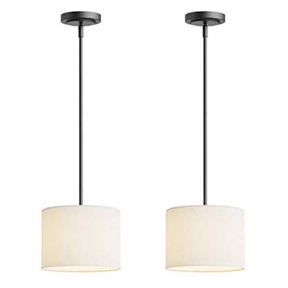 Electro bp;9" Dia White Linen Drum Shade Hanging Pendant Light Fixture with Black Pole Kit,E26,Hardwired,2-Pack; - color: Black 2-Pack Pendant