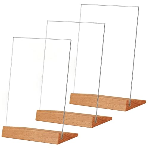 TONICE® 3 Pack 8.5x11 Acrylic Sign Holder L Shape Slant Back Design Clear Acrylic Frame Wood Base, Table Menu Display Stand, Flyer Display (Optional 8.5x11/5x7 Inch L/T Shape) - color: 8.5x11 L