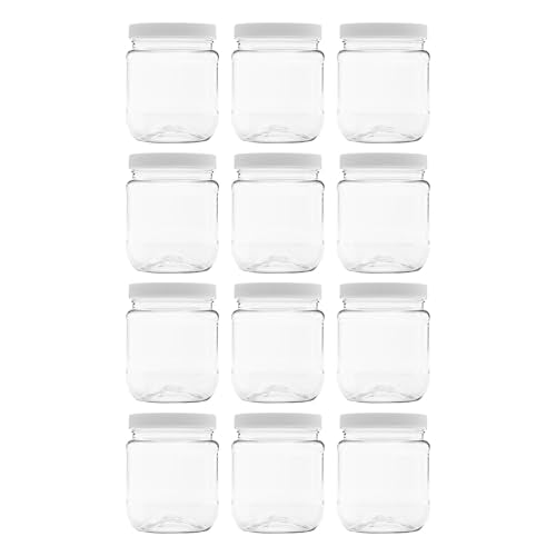 12 Pack - 12 oz (1.5 Cup) Plastic Storage Jars with 70-450 Leak Proof White Lid, Food Grade, BPA Free, Hand Wash Only (12oz, 12pk) - size: 12oz, 12PK White