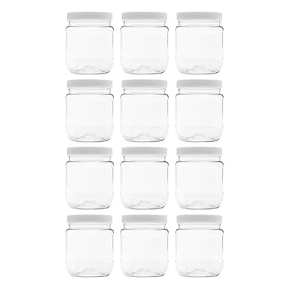 12 Pack - 12 oz (1.5 Cup) Plastic Storage Jars with 70-450 Leak Proof White Lid, Food Grade, BPA Free, Hand Wash Only (12oz, 12pk) - size: 12oz, 12PK White