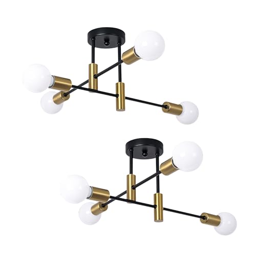 Garwarm 2 Pack 4-Light Industrial Semi Flush Mount Sputnik Ceiling Light Fixture, Black and Gold Modern Sputnik Chandelier for Porch Bedroom Hallway Kitchen Farmhouse - color: 2 Pack 4-Lights,Black & Gold