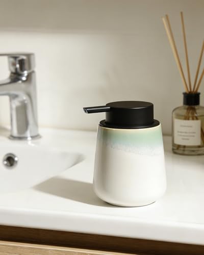 BosilunLife Ceramic Soap Dispenser - Dish Soap Dispenser for Bathroom 12Oz - color: White With Blue-green Rim