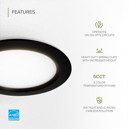 ASD Recessed Lighting 6 Inch Round Commercial LED Downlight, Mini Panel Baffle Trim, 15W 120-277V, 5 CCT 2700K/3000K/3500K/4000K/5000K, Dimmable LED Ceiling Light Fixture, Black, ETL, 6 Pack - color: 6 Pack, size: 6 Inch Black