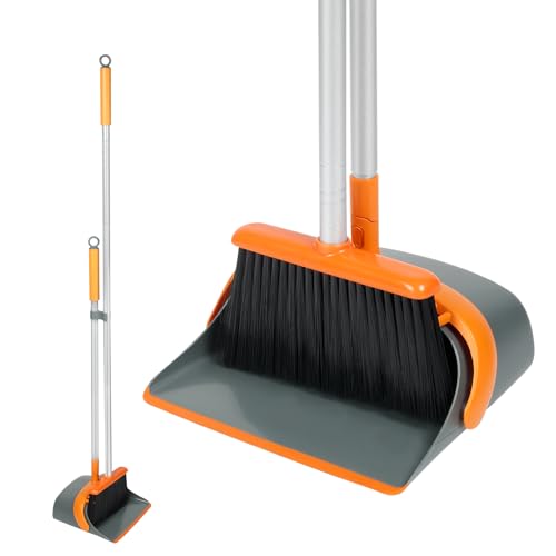 Broom and Dustpan Set with 54 Inch Long Handle - Perfect Dust Pan and Brush Combo for Home Efficient Cleaning (Orange and Grey) - color: Orange and Grey