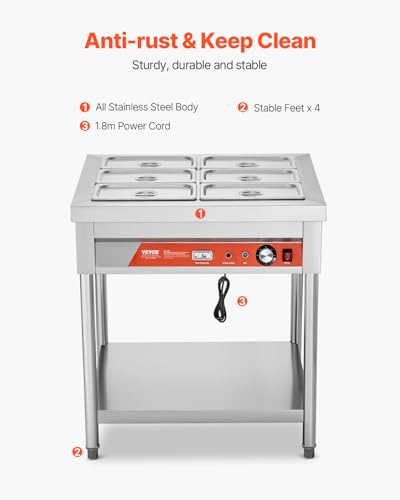 VEVOR 6-Pan Commercial Food Warmer, 6 x 1/3 Pans Electric Steam Table, 1500W Professional Buffet Catering Food Warmer with Undershelf, Stainless Steel Server for Restaurant Party Hotel - size: 6-Pan