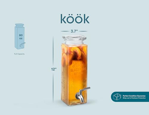 Kook Glass Drink Dispenser, with Leak-Proof Stainless Steel Spigot, Clear Rectangular Mason Jar, Beverage Storage for Fridge, for Water, Iced Tea, Sangria, Lemonade, 80 oz (2) - size: Pack of 2