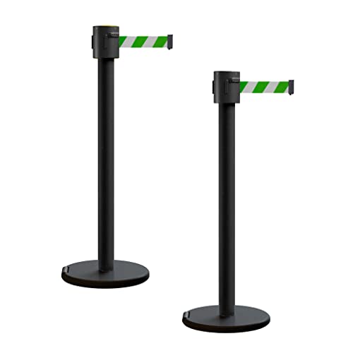 Montour Line ME760 Set of 2 Retractable Belt Barrier Stanchions, 35 Ft - color: Green and White Diagonal, size: Black Powder Coated