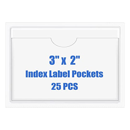 Origin-Joy 25 PCS Self-Adhesive Index Label Pockets, Clear Plastic Peel & Stick Card Holders with Top Open for Loading (3 x 2 inch) - size: 3 x 2 inch, style: Horizontal