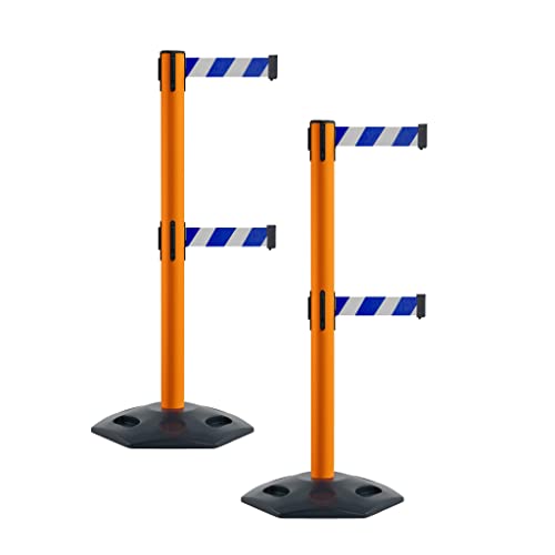 Montour Line MSR630D Set of 2 Retractable Belt Barrier Stanchion, Heavy-Duty Rubber Base, Orange Post (7.5 ft Blue and White Diagonal Dual Belt) - color: Blue and White Diagonal, size: 7.5 ft