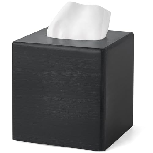 Mkono Tissue Box Cover Square, Rustic Wood Open-Bottom Holder, Black - color: Black