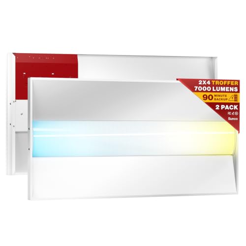 Sunco 2x4 FT LED Emergency Troffer Light, 90 Min Battery Backup for Power Outages, 7700LM, Selectable CCT 3500K/4000K/5000K, 56W Max, 120-277V Dimmable Drop Ceiling Light – UL 2 Pack