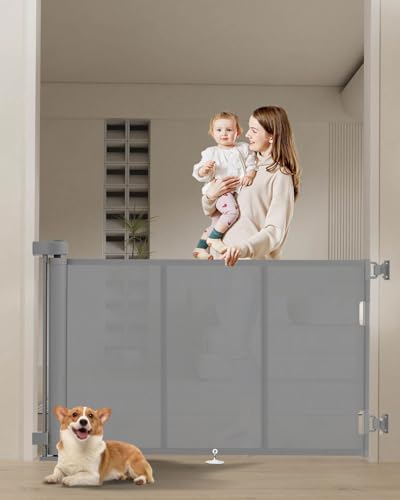 Miumoon 71 inch Reinforced Retractable Baby Gates 34 inch Tall - color: Gray, size: 34" Tall x 71" Wide
