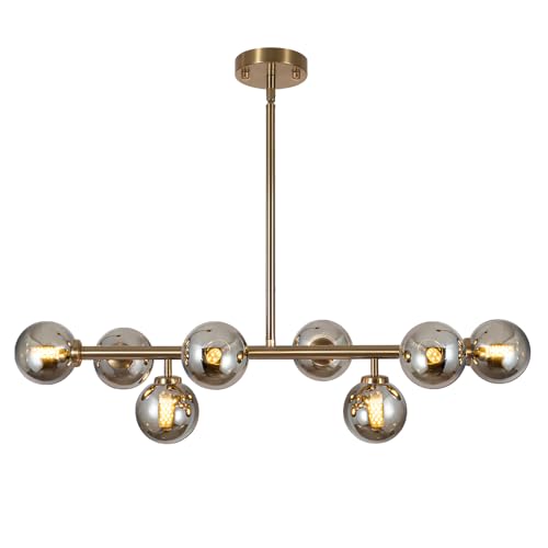 Sputnik Chandelier Gold Pendant Linear Light Modern Mid Century Light Fixture Grey Globe Shade for Dining Living Room Kitchen Island 8-Light - color: Grey-31in
