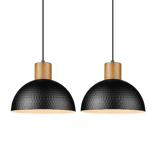 ELYONA 2 Pack Hammered Pendant Lights, 12" Industrial Metal Dome Hanging Lamp, Solid Wood Pendant Light Fixtures for Kitchen Island, Bar, Farmhouse, Dining Room, Bedroom, Hallway, Black - color: Black - 2 Pack