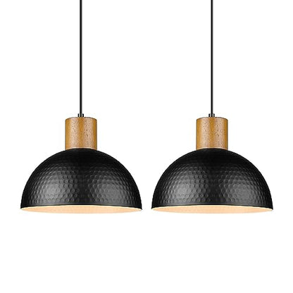 ELYONA 2 Pack Hammered Pendant Lights, 12" Industrial Metal Dome Hanging Lamp, Solid Wood Pendant Light Fixtures for Kitchen Island, Bar, Farmhouse, Dining Room, Bedroom, Hallway, Black - color: Black - 2 Pack
