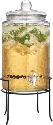 3 Gallon Glass Drink Dispenser with Metal Stand & Lid – Hammered Beverage Dispenser with Leakproof Spigot, Wide Mouth for Easy Fill – Ideal for Parties, Lemonade, Iced Tea, Sangria & More - color: Clear - 3 Gallon