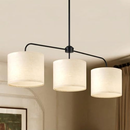 3-Light Black Linear Chandelier with Linen Beige Drum Shades, Modern Pendant Light Fixture for Kitchen Island, Dining Room, Living Room, Bedroom, E26 Base Compatible - color: 3 Light-Black