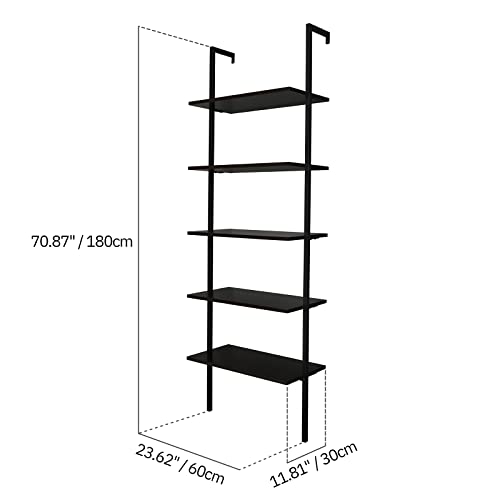 Karl home Dark Walnut 5 Tier Wall Mount Ladder Shelf, Metal Frame Bookcase - color: Dark Walnut
