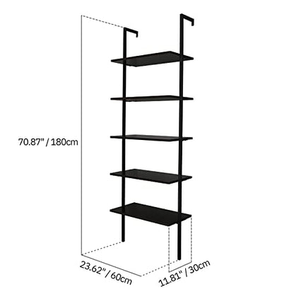Karl home Dark Walnut 5 Tier Wall Mount Ladder Shelf, Metal Frame Bookcase - color: Dark Walnut