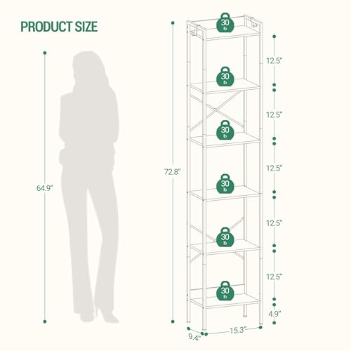 Hzuaneri Bookshelf, Book Shelf, Industrial Bookcase with 2 Hooks, - color: Greige, size: 9.4"D x 15.4"W x 72.8"H