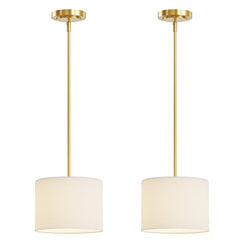 Electro bp;9" Dia White Linen Drum Shade Hanging Pendant Light Fixture with Polished Gold Pole Kit,E26,Hardwired,2-Pack; - color: Gold 2-Pack Pendant