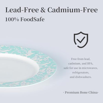 Bone China Dinnerware Set for 4, 12 Pcs Plates and Bowls, Light Blue Rim - color: Light Green