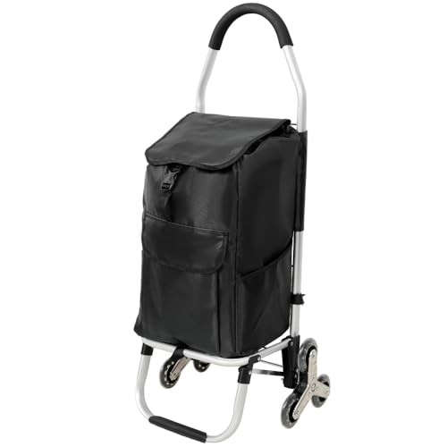 40L Heavy Duty Stair Climbing Collapsible Shopping Cart with Stainless Steel Triangular Wheels, Waterproof Oxford Removable Bag for Groceries, Laundry, Travel, Apartment Use (6 Wheels + Black) - color: 6 Wheels + Black