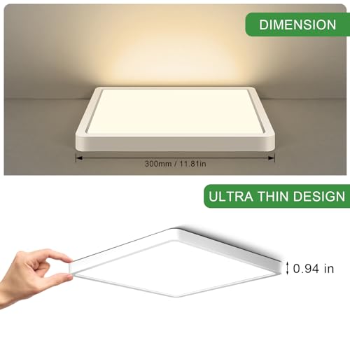 LightingWill 12Inch 24W Square LED Ceiling Light Fixtures Flush Mount, 2800K Warm White LED Ceiling Lamp, Surface Mount Modern Ceiling Lights for Bedroom, Kitchen, Bathroom, Living Room - color: Warm White, size: 12 inch White