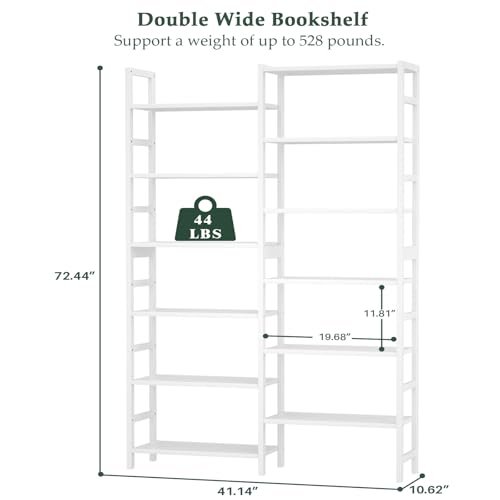 Homykic 72.5” Tall Bamboo Bookshelf White, 6-Tier Double Wide Open Bookcase - color: White, size: Double Wide