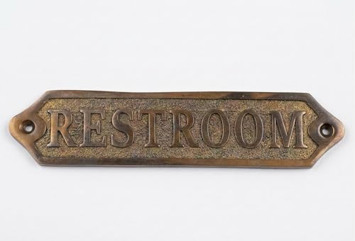 RESTROOM Vintage Metal Door Sign – Antique Brass Finish Restroom Plaque for Farmhouse, Industrial & Commercial Décor Signage, Easy Mount Office & Business Door Plaque - color: RESTROOM