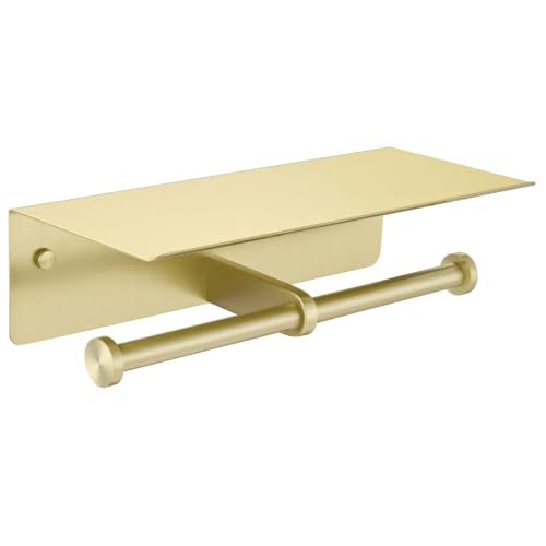 APLusee Brushed Gold Dual Toilet Paper Holder with Shelf, Wall Mount - color: Brushed Gold, size: Double Rod