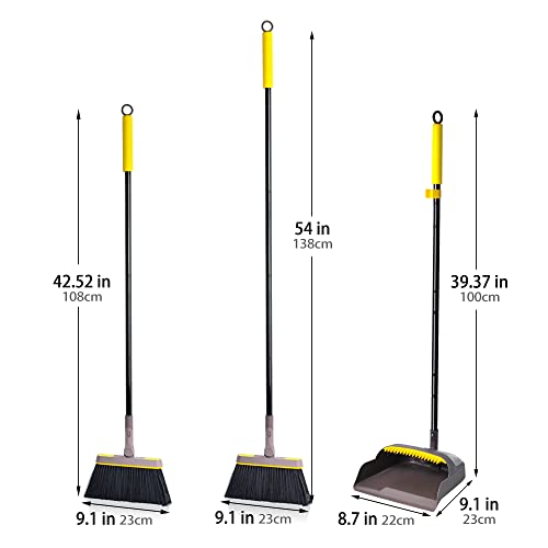 JEHONN Broom with Dustpan Combo Set, Long Handle Lightweight 180 Degree Rotating Sweeping Brush Indoor, Upright Standing Dust Pan with Comb Teeth for Home Room Kitchen Office Lobby (Brown Yellow) - color: Brown Yellow