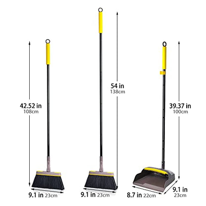 JEHONN Broom with Dustpan Combo Set, Long Handle Lightweight 180 Degree Rotating Sweeping Brush Indoor, Upright Standing Dust Pan with Comb Teeth for Home Room Kitchen Office Lobby (Brown Yellow) - color: Brown Yellow