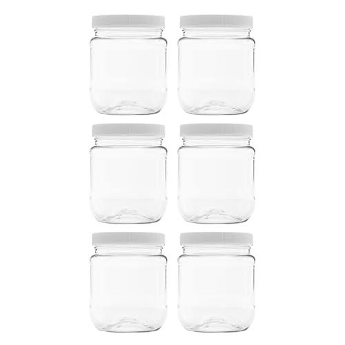 6 Pack - 12 oz (1.5 Cup) Plastic Storage Jars with 70-450 Leak Proof White Lid, Food Grade, BPA Free, Hand Wash Only (12oz, 6pk) - size: 12oz, 6PK White