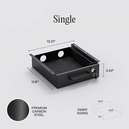Under Desk Drawer Slide-Out – Lockable Metal Storage Drawer with Cable Management for Office & Home (Single, Non-Bracketed) - size: Single
