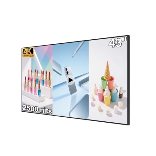 43inch Wall Mount Digital Signage, 4K 2500nits High Brightness Advertising Display, Slim Fit Frameless Digital Kiosk, CMS/Plug & Play Auto Play, 7/24 Timer Switch, Smart Split Screen Play - size: 43"+2500nits