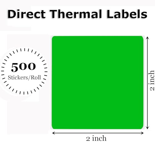 2" x 2" Thermal Labels Stickers Green, Square Thermal Shipping Stickers, Multipurpose Inventory Self-Adhesive Direct Thermal Label for Small Business (500 Labels/Roll) - color: Green, size: 2" x 2"