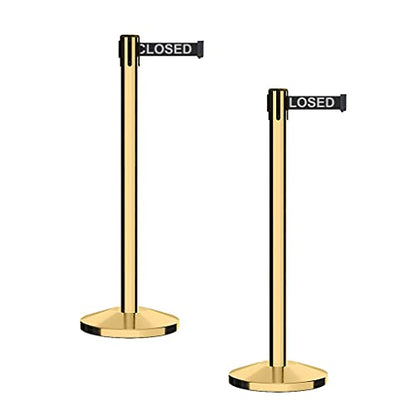 CCW RBB-100 Retractable Belt Barrier Stanchions, Polished Brass, 2-Pack - color: Black with "THIS LINE CLOSED" White Letters, size: 7.5 Foot
