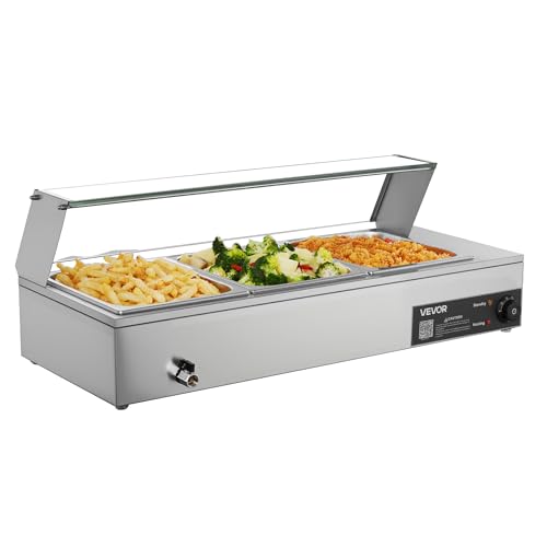 VEVOR Commercial Food Warmer, 1500W Electric Stainless Steel Steam Food Warmer with Glass Cover, Countertop Buffet Bain Marie with Three 1/2 Size Food Pans, for Catering, Restaurant, Party & Buffets - size: 3*1/2Pan