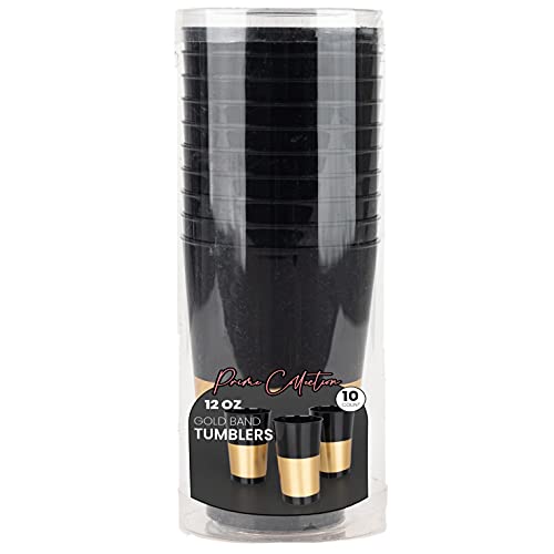 PLASTICPRO Disposable 12 oz Black Plastic Tumblers With Gold Band for Party's & Weddings pack of 40 - color: Black With Gold Band