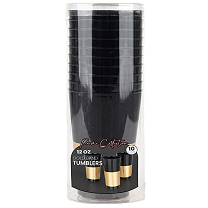 PLASTICPRO Disposable 12 oz Black Plastic Tumblers With Gold Band for Party's & Weddings pack of 40 - color: Black With Gold Band