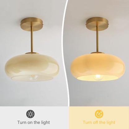 Mid Century Ceiling Light Fixtures Milk Glass Ceiling Lights Round Milk Yellow Shade Gold Brass Semi Flush Mount Ceiling Light Globe Glass Ceiling Lamp for Hallway Dining Room Kitchen - color: Milk Yellow 2
