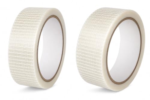 Skyhi Crossweave Reinforced Tape Set of 2, 25mm x 10m Each, Transparent Bi-Directional Filament Strapping Tape, Fiberglass Reinforced Heavy Duty Tape for Cricket Bat, Packing & Sealing