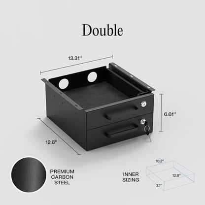 Under Desk Drawer Slide-Out – Lockable Metal Storage Drawers with Cable Management for Office & Home (Double, Non-Bracketed) - size: Double