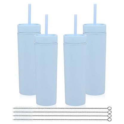 Volhoply 16oz Plastic Skinny Tumbler With Lid and Straw Bulk 4 Pack,Insulated Double Wall BPA Free Matte Acrylic Tumblers,Iced Coffee Travel Mug Reusable Party Cup,Customizable Diy Gifts(Blue,4 Set) - color: Blue