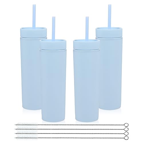 Volhoply 16oz Plastic Skinny Tumbler With Lid and Straw Bulk 4 Pack,Insulated Double Wall BPA Free Matte Acrylic Tumblers,Iced Coffee Travel Mug Reusable Party Cup,Customizable Diy Gifts(Blue,4 Set) - color: Blue